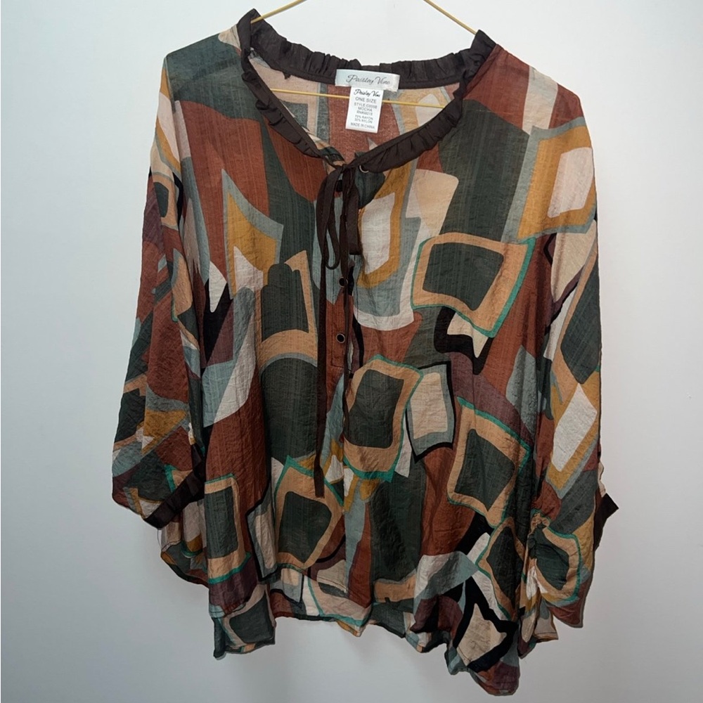Paisley Vine Boho Abstract Print Flowy Blouse One Size